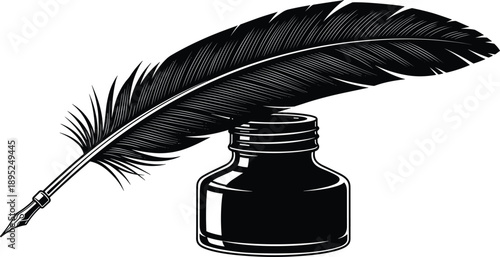 Vintage feather quill pen with inkwell bottle icon for literature and poetry, cad drawing flat vector illustration sign, black white.