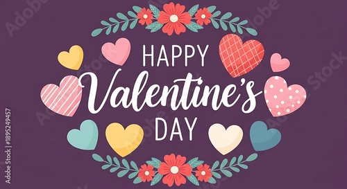 Happy Valentine’s Day with Colorful Hearts and Floral Design on Purple Background