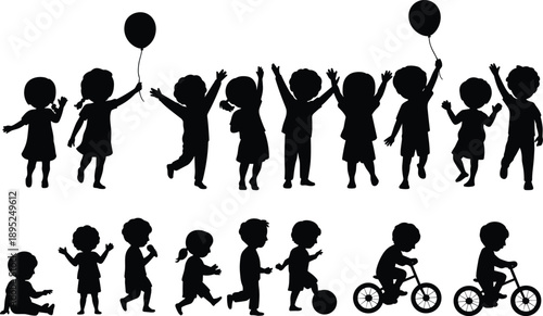 children silhouettes collection, kids playing set, black isolated figures, happy childhood activity, playful boys and girls, balloon cycling poses