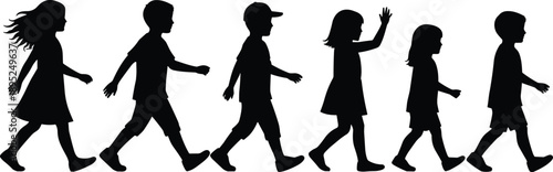 children walking silhouettes set, boys and girls side view, kids movement collection, school lifestyle concept, black isolated people illustration