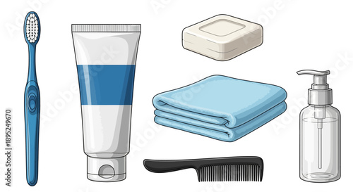 Assorted bathroom hygiene essentials including toothbrush, toothpaste, soap, towels, razor, and hand sanitizer arranged neatly on a clean surface.