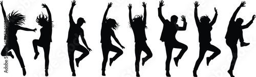 dancing people silhouettes set, jumping celebration poses, joyful party movement, energetic men and women, black isolated lifestyle illustration collection