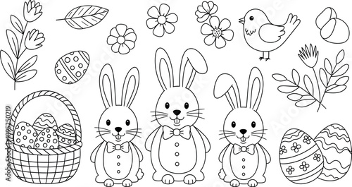 Easter themed illustration featuring bunnies eggs and spring flowers