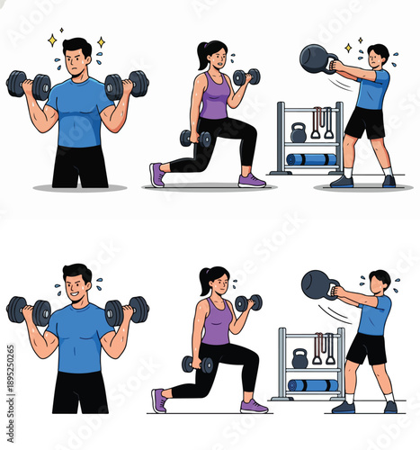 A person exercising with gym, flat illustration, clean and simple, white background