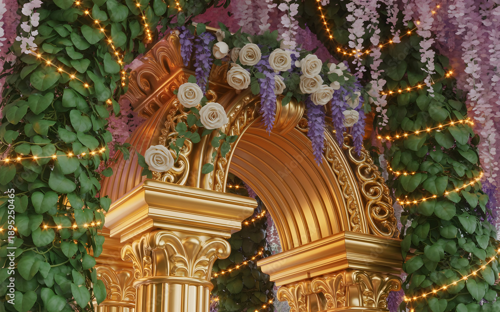 Fototapeta premium Luxurious Golden Baroque Archway in Enchanted Garden with Floral Vines, Fairy Lights, and Soft Sunlight Creating a Magical Romantic Atmosphere