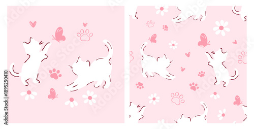 Seamless Pattern of cute cats and butterflies with paw prints, daisy flower and heart on pink background vector.