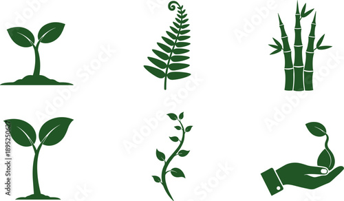 Collection of green plant icons representing growth, nature, and sustainability concepts