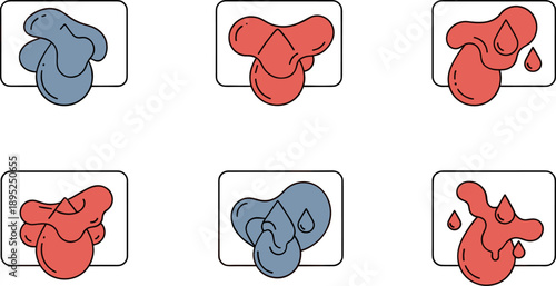 Set of abstract liquid blobs and drops in red and blue colors