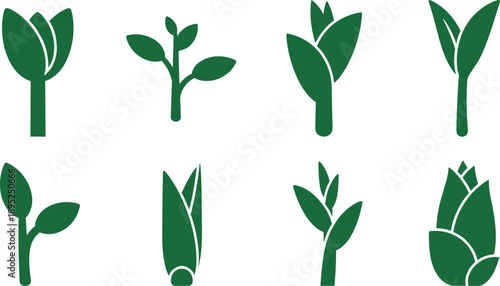 Collection of green plant growth stages icons representing different phases of development