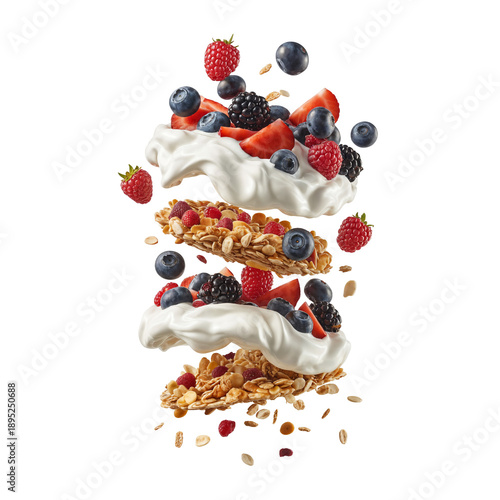 Deconstructed berry and yogurt parfait featuring layered granola bars exploding with fresh strawberries, blueberries, and raspberries on transparent background