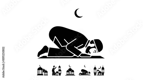 Man Praying on Prayer Mat under Crescent Moon.