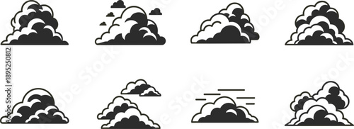 Set of eight minimalist black cloud vector icons and stormy sky silhouette illustrations