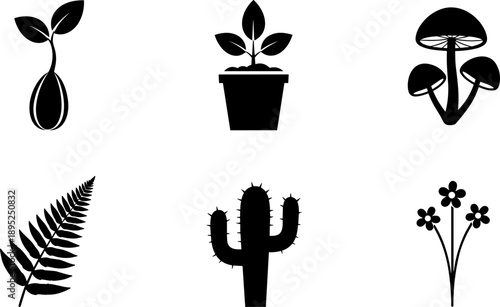 Collection of six black and white plant and fungus icons on a white background
