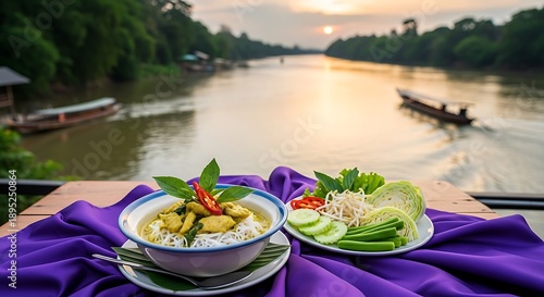 Wallpaper Mural Delicious meal served by a serene river at sunset. Torontodigital.ca