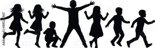 happy kids silhouettes set, children jumping and running poses, playful boys and girls, joyful childhood activity, black isolated people illustration
