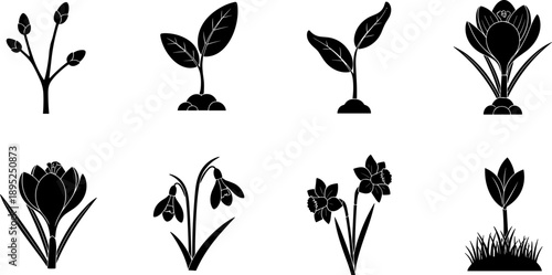 Collection of spring flowers and seedlings icons in silhouette, representing growth and new beginnings