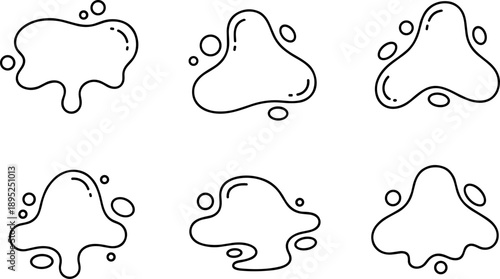Set of six abstract liquid blobs and drops in a simple outline style