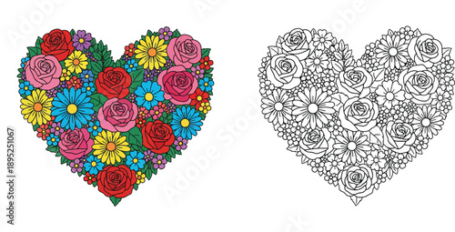 Heart Shape Made of Flowers and Roses with Coloring Book Page Outline Vector Illustration