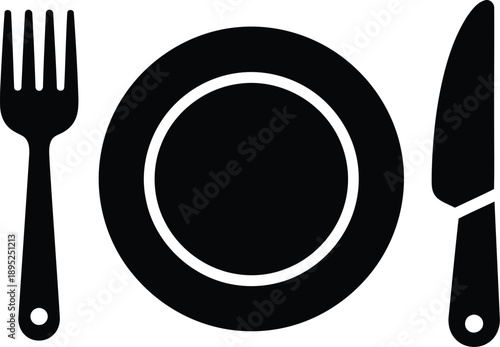 Plate with fork and knife, dining set, mealtime symbol, restaurant cutlery, food service icon, black silhouette