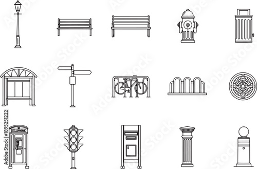 A detailed urban scene outlines an assortment of essential city elements. This monochromatic vector-style depiction evokes a sense of urban infrastructure and streetscapes, perfect for design needs. 