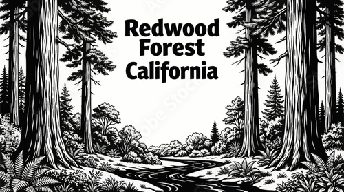 giant redwood forest landscapes with towering trees and lush woodland vegetation black and white vector illustration