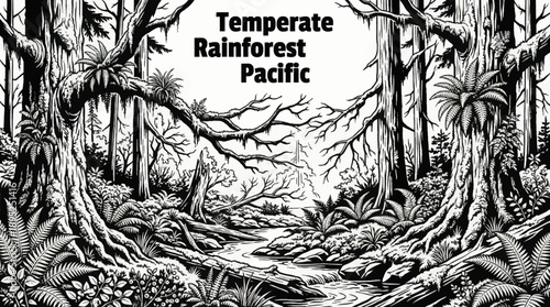 temperate rainforests featuring moss covered trees, ferns, and coastal black and white vector illustration vegetation ecosystems