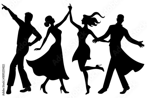 Set of happy dancing couple black silhouettes in various romantic poses
