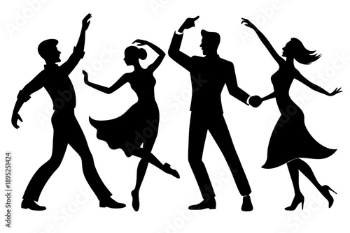 Set of happy dancing couple black silhouettes in various romantic poses