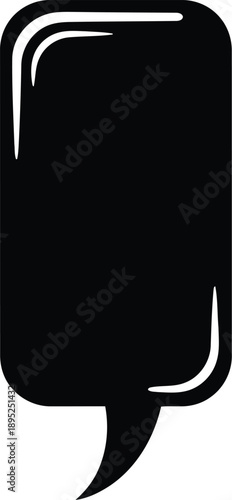 Vertical black speech bubble with rounded top corners and tail on transparent background, modern chat box icon, vector graphic for messaging