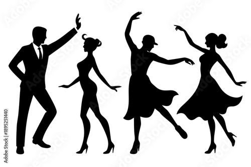 Set of happy dancing couple black silhouettes in various romantic poses
