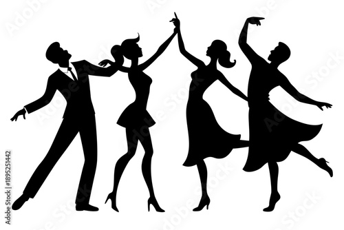 Set of happy dancing couple black silhouettes in various romantic poses