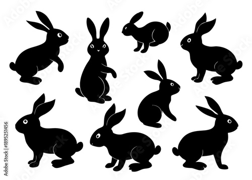 Set of bunny black silhouettes in various positions