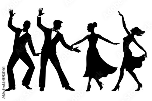 Set of happy dancing couple black silhouettes in various romantic poses