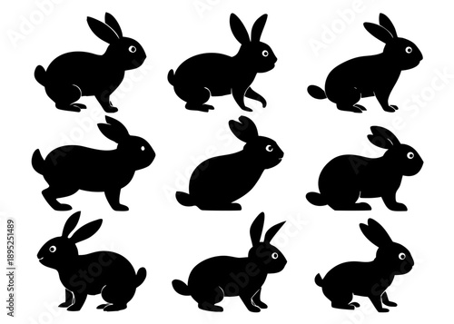 Set of bunny black silhouettes in various positions