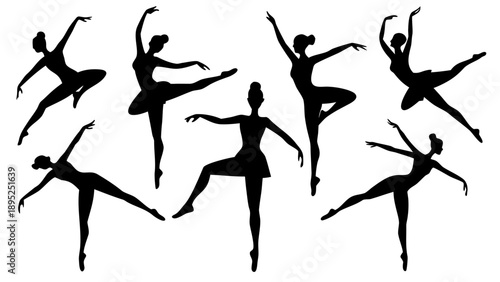 Set of ballet dancer black silhouettes in various graceful poses, classical dance positions.