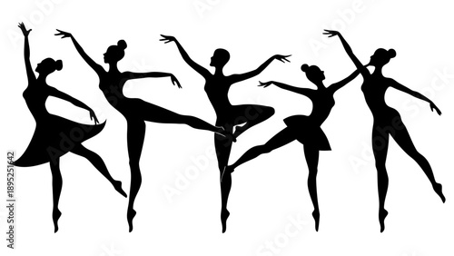 Set of ballet dancer black silhouettes in various graceful poses, classical dance positions.