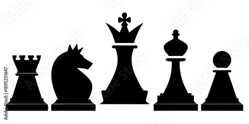 set  of Black silhouette with chess. King, queen, pawn, horse and rook. Vector
