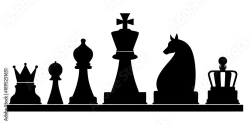 set  of Black silhouette with chess. King, queen, pawn, horse and rook. Vector