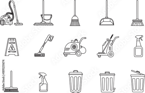 A set of cleaning tools and equipment illustration, perfect for various commercial or home usages. 