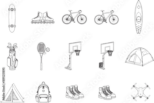 Array of various sporting items laid out to show recreation