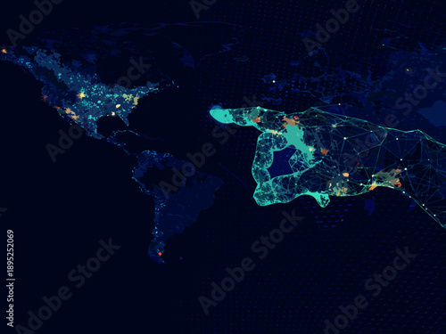 Nighttime view of north and south america showing city lights and data streams