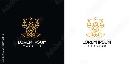 A logo featuring a woman holding scales surrounded by floral elements on a contrasting black and white background viewed from the front