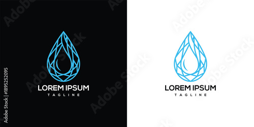 Modern droplet logo design templates on contrasting backgrounds, showcasing sleek, abstract water droplet illustrations from a front viewpoint