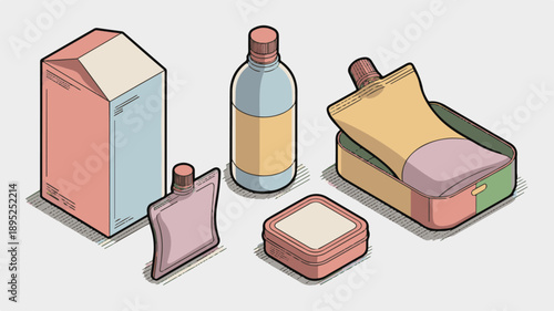 Isometric Food Packaging and Containers Collection bottle juice box