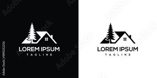 Logos for eco-friendly homes featuring trees and simple designs on contrasting backgrounds