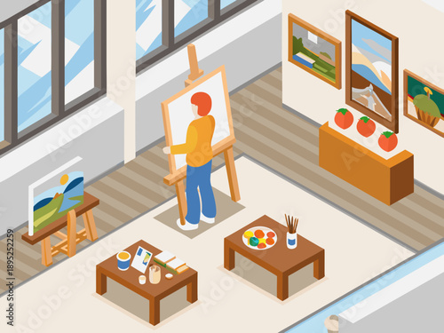 Isometric illustration of an artist painting in a bright modern room