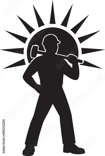 Strong worker against sunrise silhouette 