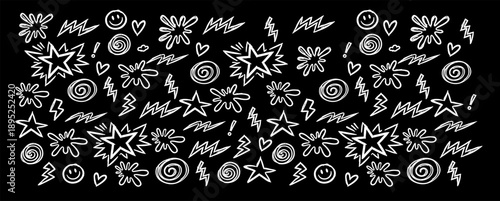 White hand-drawn doodle collection on a black background featuring stars, lightning bolts, and smiley faces in a retro sketch style.