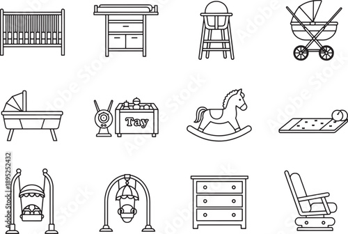 A collection of baby essentials, showcasing a variety of line art illustrations, perfect for designs.