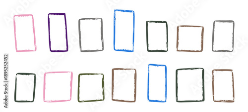 A collection of multi-colored hand-drawn sketchy rectangular frames and borders on a white background, perfect for creative design elements.